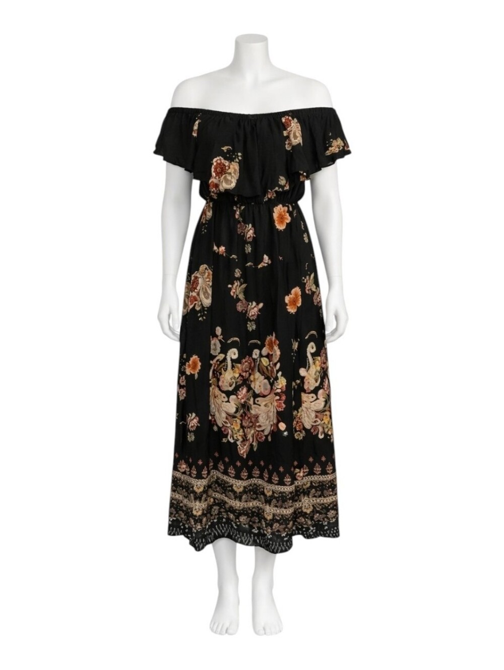 Milan Kiss Women’s Black Off The Shoulder Maxi Dress Paisley Pattern XL.